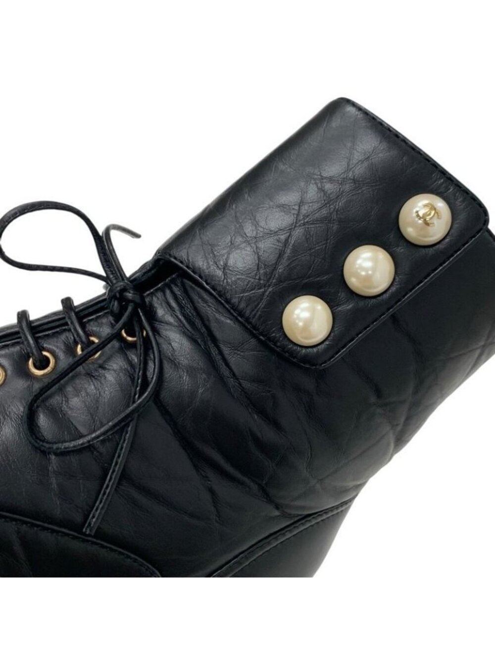 Chanel Boots Short Shoes Leather Black Coco Mark Pearl Lace Up Wrinkle - Picture 9 of 10